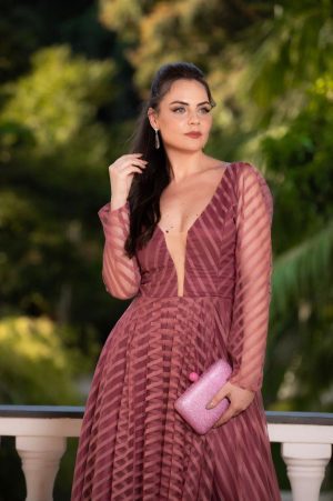 Vestido Manga Longa Exclusivo Tule texturizado com listras - Imagem 2