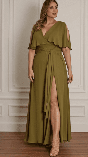 Vestido Plus Size Longo de Manga Fluída e Decote V