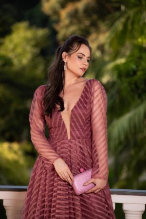 Vestido Manga Longa Exclusivo Tule texturizado com listras - Imagem 4