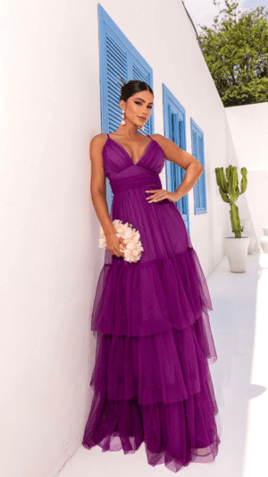 Vestido Longo Tule Alças Finas