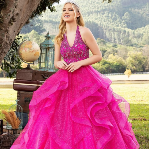 Vestido de Festa Pink Brilhante 2 x1 com Bordado Debutante