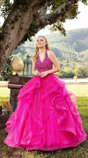 Vestido de Festa Pink Brilhante 2 x1 com Bordado Debutante