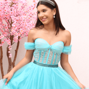 Vestido Debutante 2 em 1 Azul Tiffany Corset Bordado em Swarovski