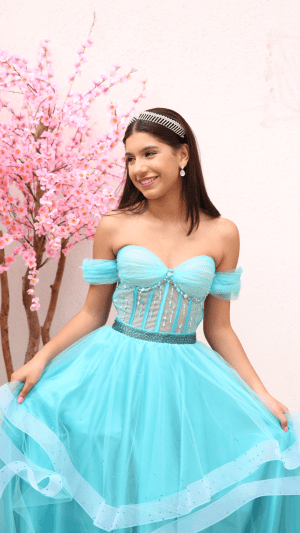 Vestido Debutante 2 em 1 Azul Tiffany Corset Bordado em Swarovski