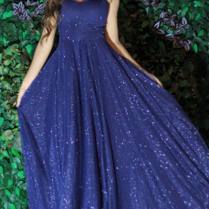 Vestido de Festa Azul Marinho Brilhante Sem Alça com Capa de Tule