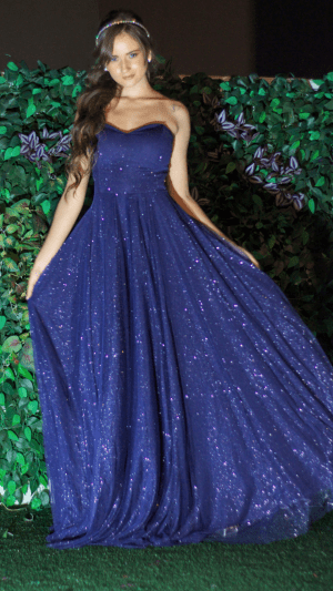 Vestido de Festa Azul Marinho Brilhante Sem Alça com Capa de Tule