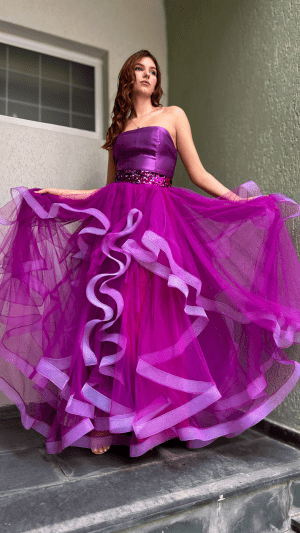 Vestido 2 x 1 Roxo com Tule em Camadas Estilo Princesa Debutante - Imagem 5