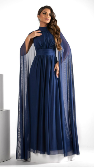 Vestido Longo Rose com Capa em Tule