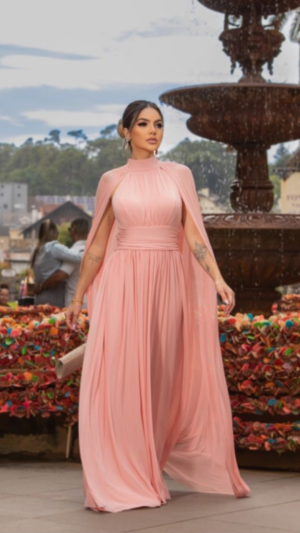 Vestido Longo Rose com Capa em Tule - Imagem 9