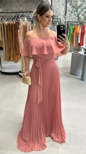 Vestido Longo Ombro a Ombro com Saia Plissada para Madrinhas - Imagem 6