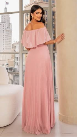 Vestido Longo Ombro a Ombro com Saia Plissada para Madrinhas - Imagem 5