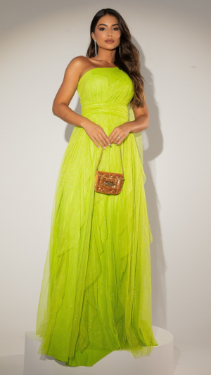 Vestido Longo Verde Lima em Tule com Brilho e Um Ombro Só