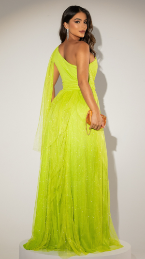 Vestido Longo Verde Lima em Tule com Brilho e Um Ombro Só - Imagem 4