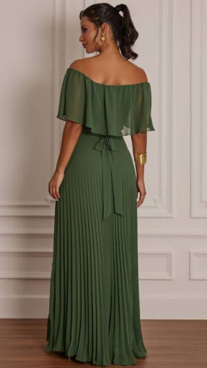 Vestido Longo Ombro a Ombro com Saia Plissada para Madrinhas - Imagem 8