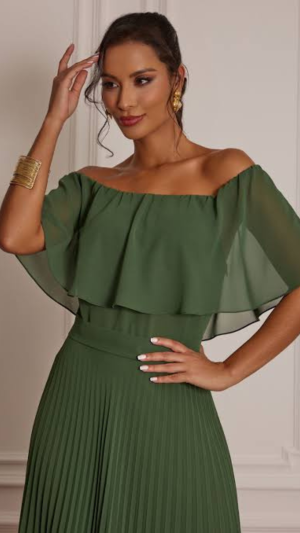 Vestido Longo Ombro a Ombro com Saia Plissada para Madrinhas - Imagem 9