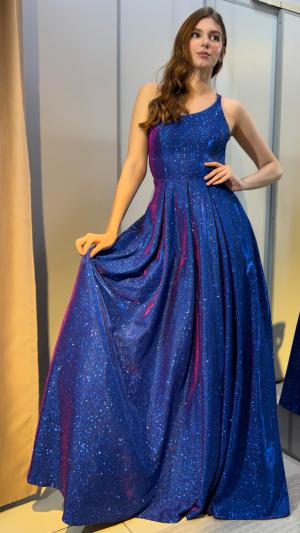 Vestido de Festa Azul  Matelassê com Brilho Furta-Cor e Alças Cruzadas nas Costas - Imagem 2