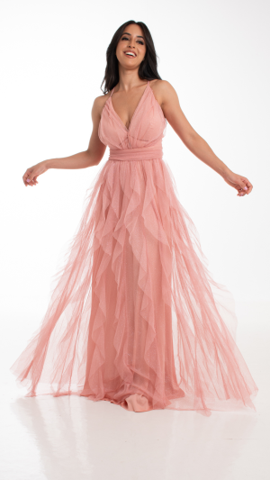 Vestido Longo em Tule com Camadas em Cascata e Brilho - Imagem 4