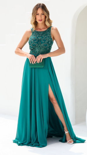 Vestido Longo Queridinho com Bordado em Pedrarias e Fenda Frontal
