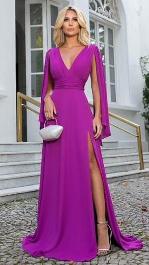 Vestido Longo Paetê com Capa e Fenda Lateral