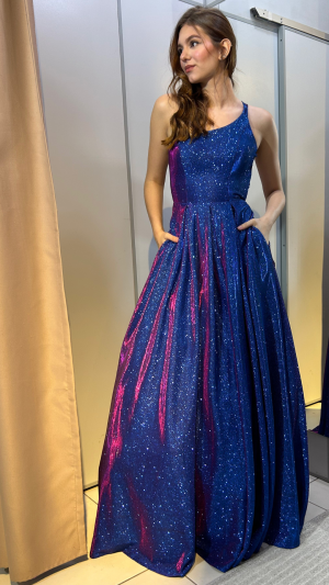 Vestido de Festa Azul  Matelassê com Brilho Furta-Cor e Alças Cruzadas nas Costas - Imagem 5
