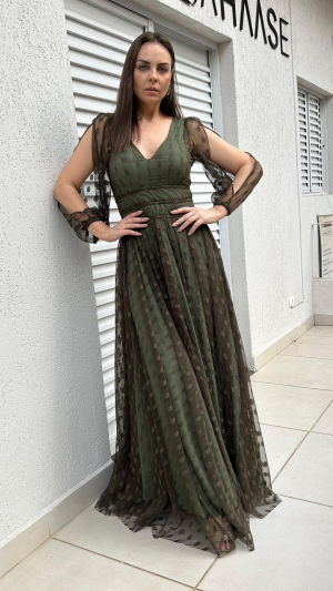 Vestido Verde com Manga aberta Longo Estampado com Textura Geométrica e Decote Profundo - Imagem 2