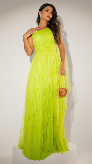 Vestido Longo Verde Lima em Tule com Brilho e Um Ombro Só - Imagem 3