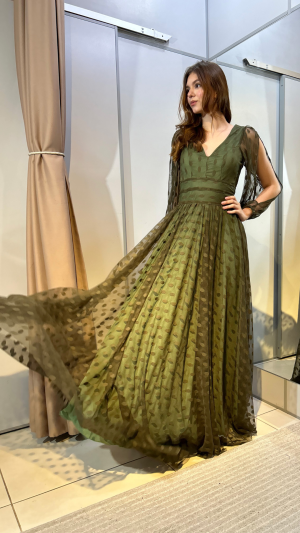 Vestido Verde com Manga aberta Longo Estampado com Textura Geométrica e Decote Profundo - Imagem 4