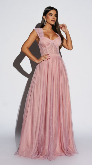 Vestido de Glamouroso Tule Longo com Corset e Brilho para Madrinha - Imagem 4