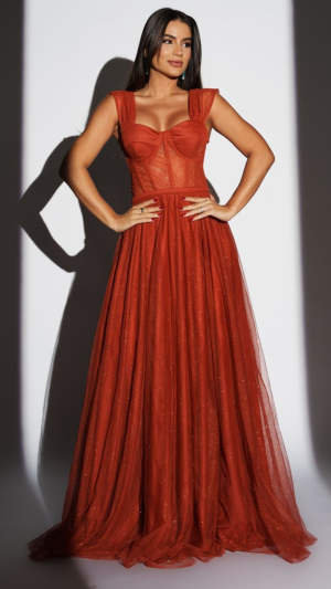 Vestido de Glamouroso Tule Longo com Corset e Brilho para Madrinha - Imagem 9