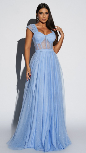 Vestido de Glamouroso Tule Longo com Corset e Brilho para Madrinha - Imagem 11