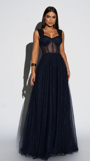 Vestido de Glamouroso Tule Longo com Corset e Brilho para Madrinha - Imagem 13