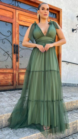 Vestido Longo de Tule com Camadas e Laço nos Ombros - Imagem 4