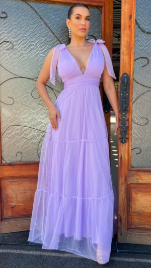 Vestido Longo de Tule com Camadas e Laço nos Ombros - Imagem 6