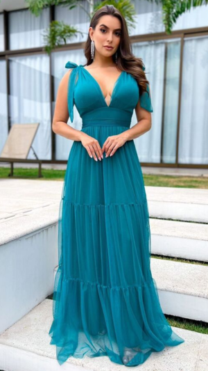 Vestido Longo de Tule com Camadas e Laço nos Ombros - Imagem 10