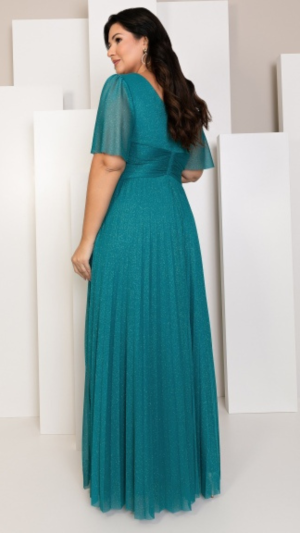 Vestido de Festa Plus Size Longo em Tule Brilhante com Manga Flare e Saia Plissada - Imagem 3