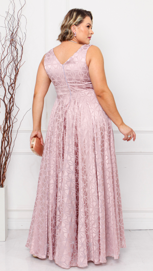 Vestido Longo Rosé em Tule Geométrico com Decote V para Madrinhas Plus Size - Imagem 2