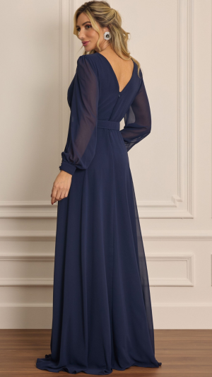 Vestido Longo com Manga Longa e Cinto na Cintura – Modelo em Chiffon Rosa Claro e Azul Marinho para Madrinha Plus Size - Imagem 6