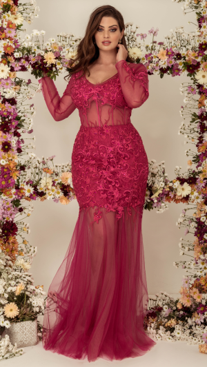Vestido Longo Marsala Bordado em Tule com Transparência – Modelo Sereia Elegante para Madrinhas e Mãe da Noiva - Imagem 5