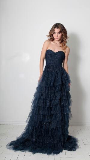 Vestido Azul Marinho Tomara que caia com Camadas de Tule e Fenda - Imagem 6