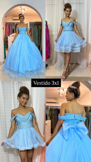 Vestido Azul Princesa Debutante Brilhante 4 em 1 com Bordado e Saia Removível - Imagem 3