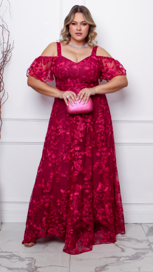 Vestido Longo com Tule Bordado Floral e Manga Ombro a Ombro Plus Size