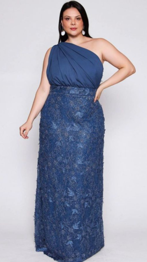 Vestido 3 em 1 Longo Azul com Saia em Renda Bordada e Blusa Versátil – Plus Size