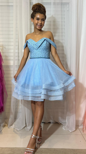 Vestido Azul Princesa Debutante Brilhante 4 em 1 com Bordado e Saia Removível - Imagem 5