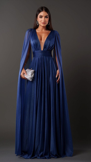 Vestido Longo com Capa Fluida e Decote Profundo Glamour - Imagem 10