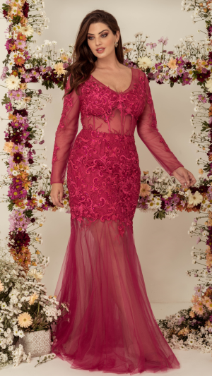 Vestido Longo Marsala Bordado em Tule com Transparência – Modelo Sereia Elegante para Madrinhas e Mãe da Noiva