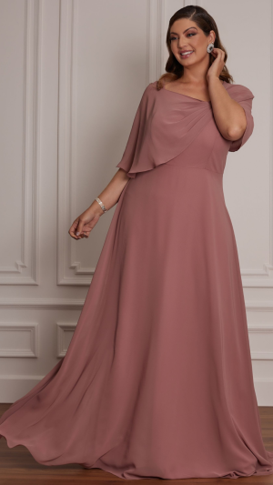 Vestido Longo Rosé Antigo com Capa Assimétrica e Saia Fluida – Elegância para Mães de Noiva e Madrinhas - Imagem 2