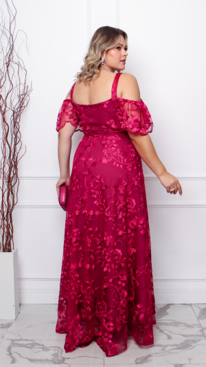 Vestido Longo com Tule Bordado Floral e Manga Ombro a Ombro Plus Size - Imagem 4