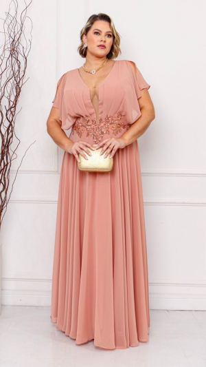 Vestido Longo Plus Size em Chiffon com Bordado na Cintura e Decote Profundo – Cores Azul Marinho e Rose Nude - Imagem 2