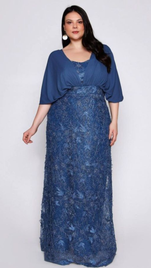 Vestido 3 em 1 Longo Azul com Saia em Renda Bordada e Blusa Versátil – Plus Size - Imagem 2