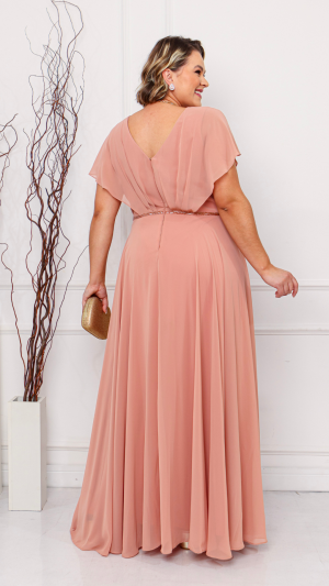 Vestido Longo Plus Size em Chiffon com Bordado na Cintura e Decote Profundo – Cores Azul Marinho e Rose Nude - Imagem 4